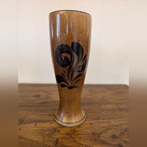 Vintage Stoneware Pottery Vase Blue Flower Decorated Vase 9.5” Tall